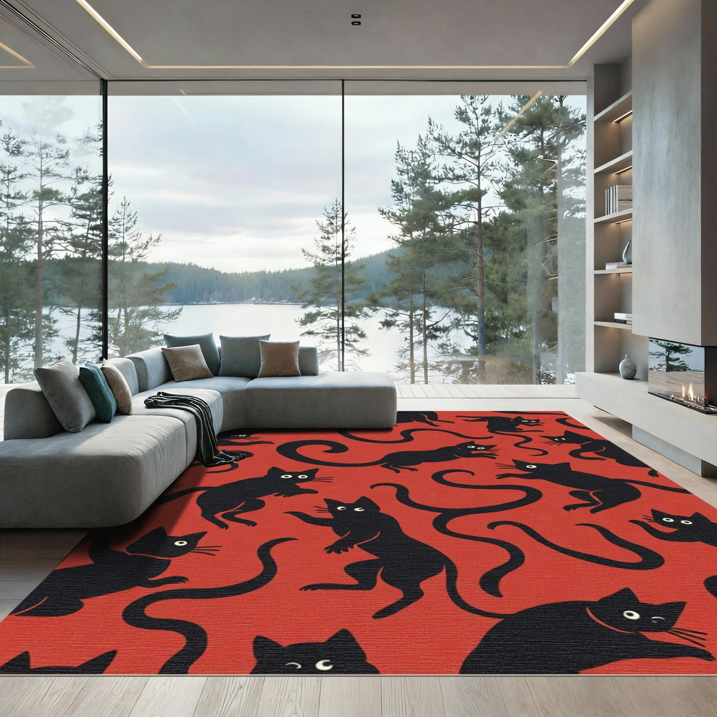 Playful Black Cats on Red Background Rug
