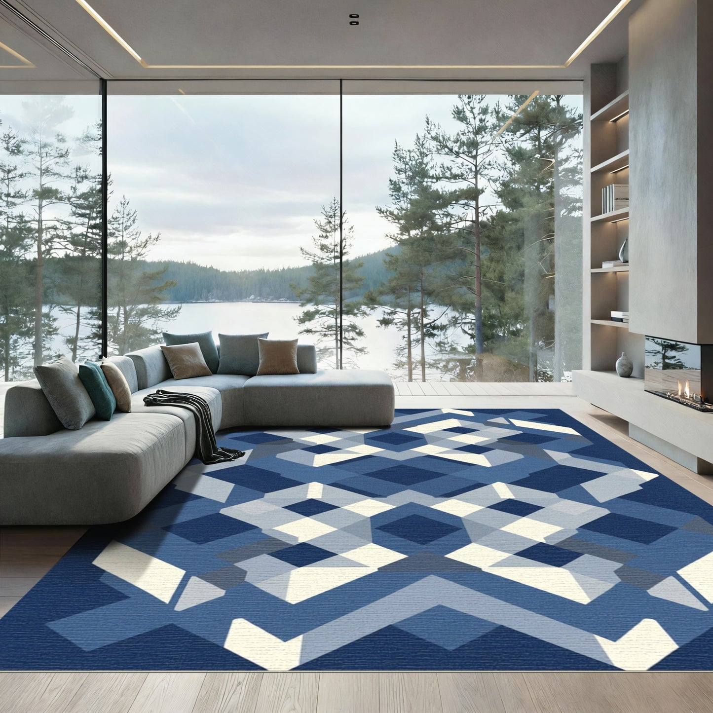 Deep Blue Geometric Interlocking Shapes Rug