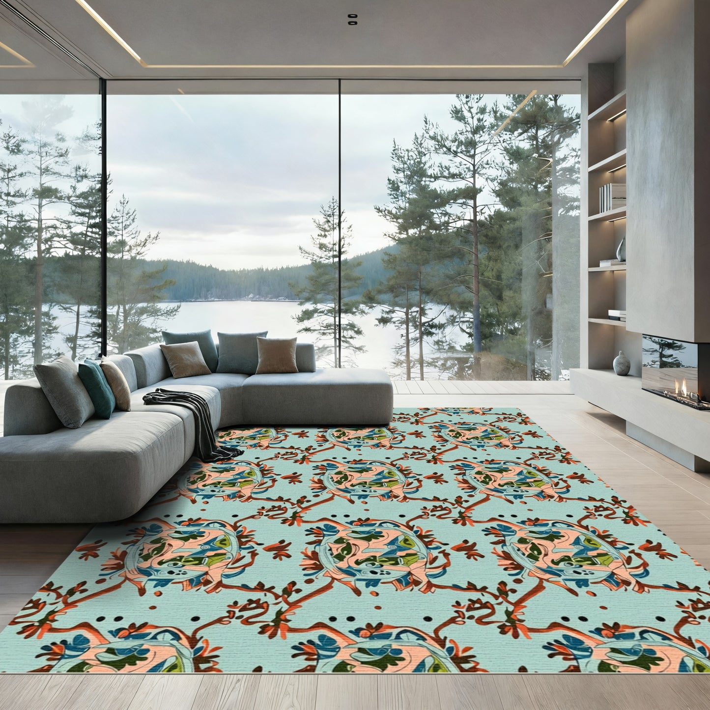 Teal And Coral Abstract Floral Medallions Rug