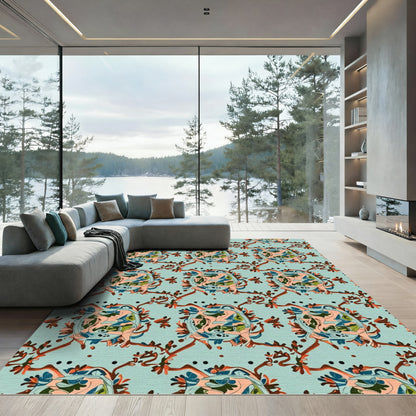 Teal And Coral Abstract Floral Medallions Rug