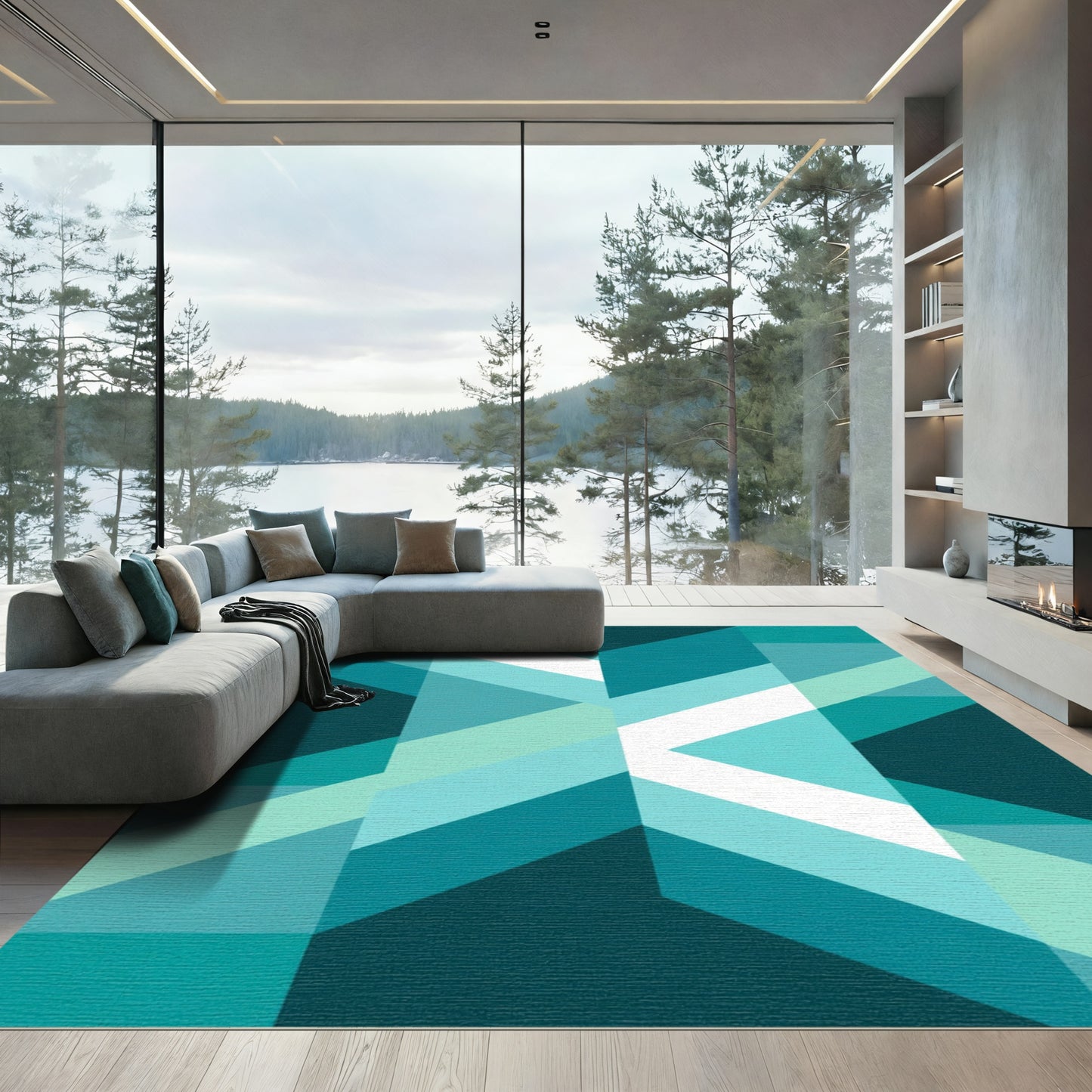 Teal Geometric Chevron Stripes Rug