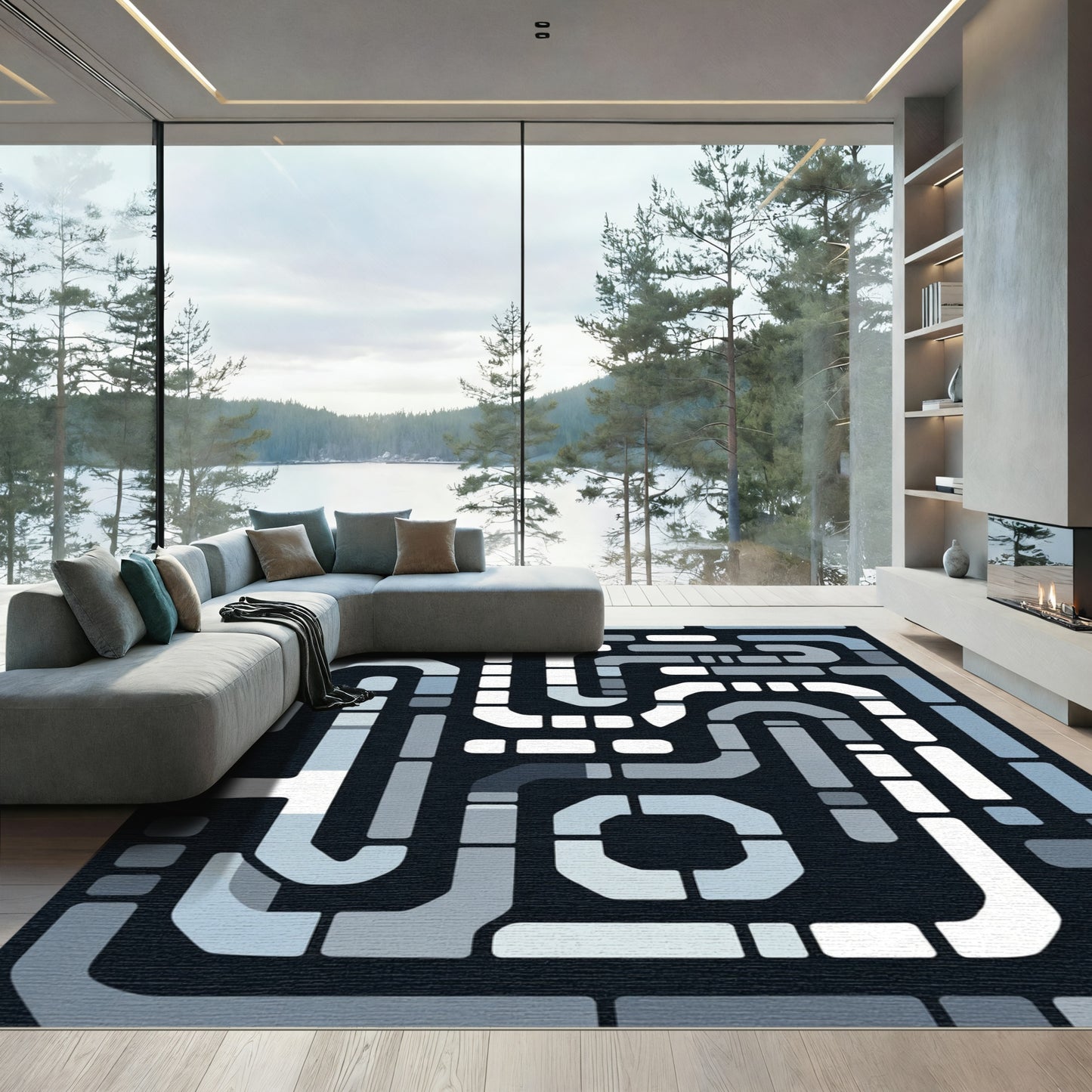 Cool Blue Geometric Maze Rug