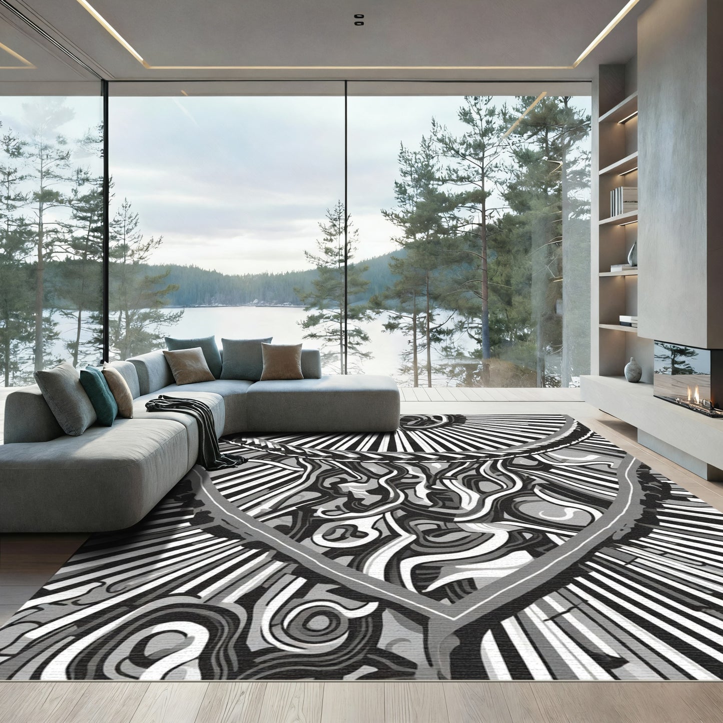 Monochrome Abstract Swirl Radiating Lines Rug