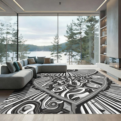 Monochrome Abstract Swirl Radiating Lines Rug
