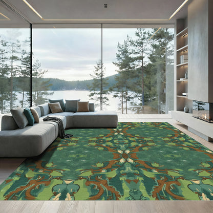 Emerald Green Abstract Floral Scroll Rug