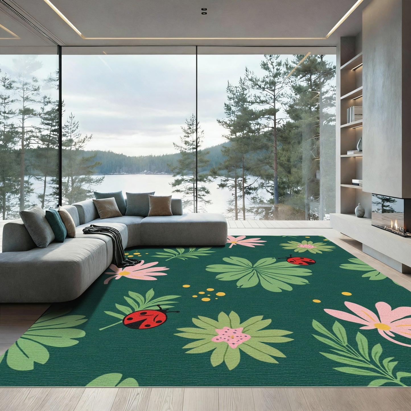 Whimsical Pink Green Ladybug Floral Pattern Rug