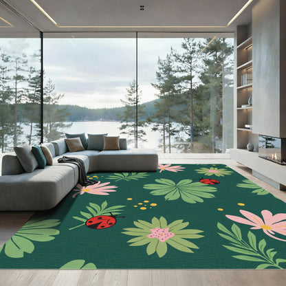 Whimsical Pink Green Ladybug Floral Pattern Rug
