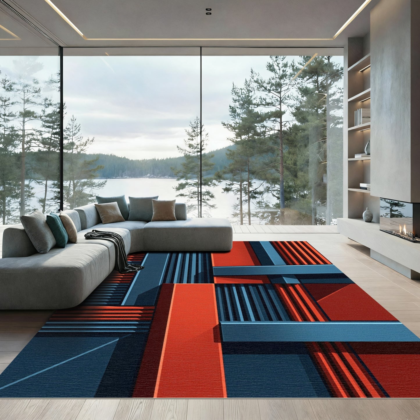 Bold Red Blue Geometric Structure Rug