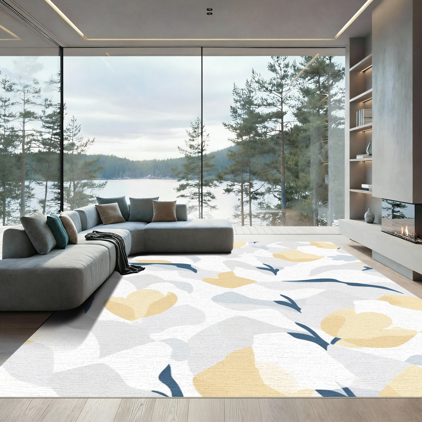 Soft Yellow Floral Abstract Landscape Rug