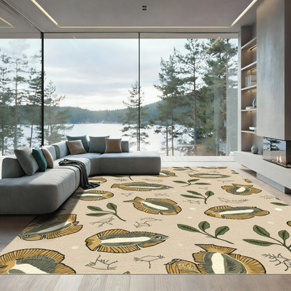 Golden Fish Leaves and Birds Rug
