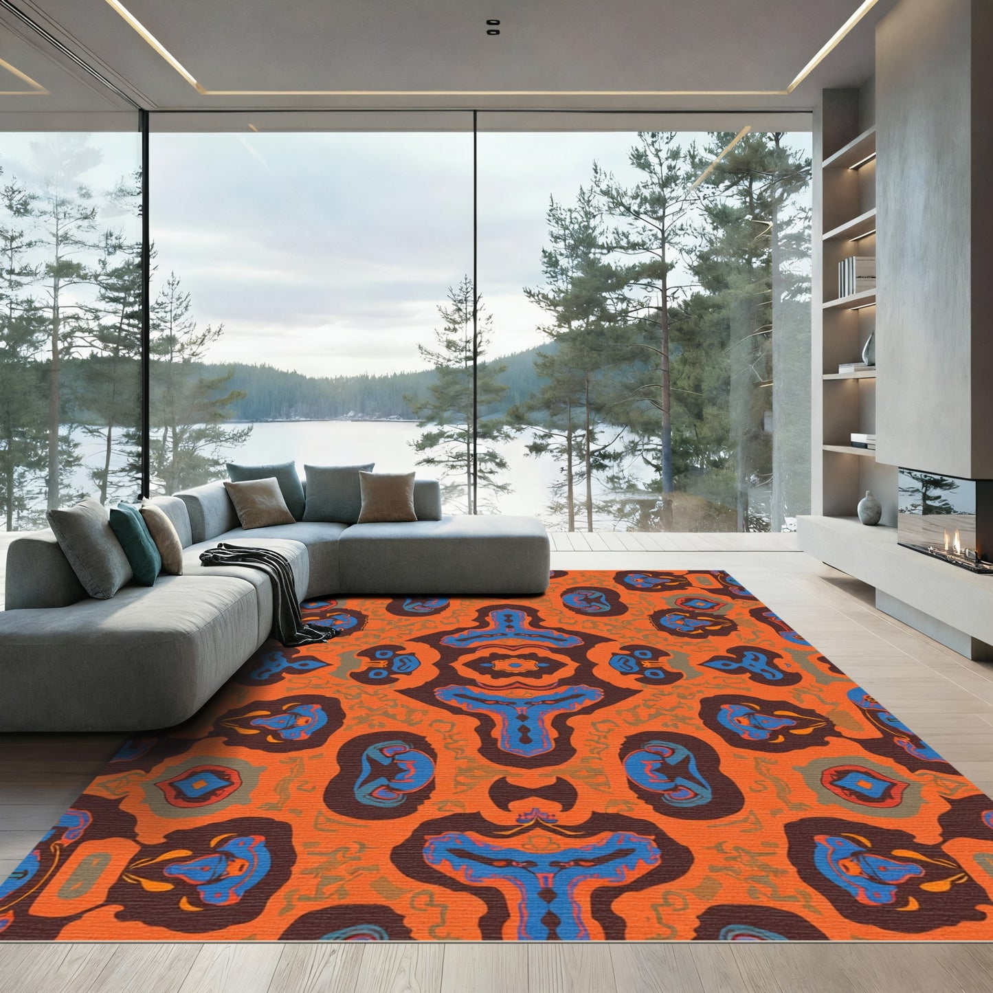 Orange Blue Brown Symmetrical Organic Shapes Rug