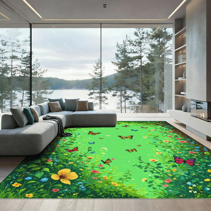Whimsical Garden Butterflies Flying Amid Flowers Rug