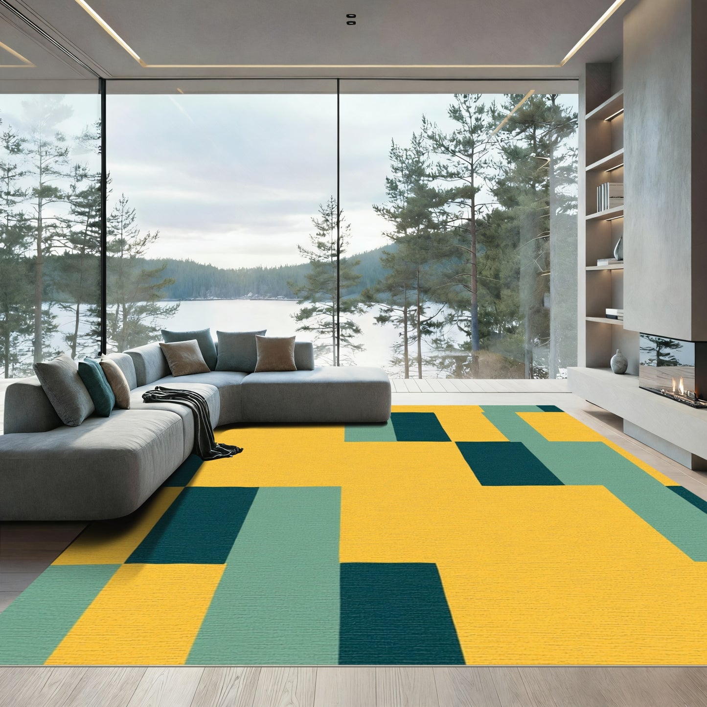 Golden Teal Block Rectangles Rug