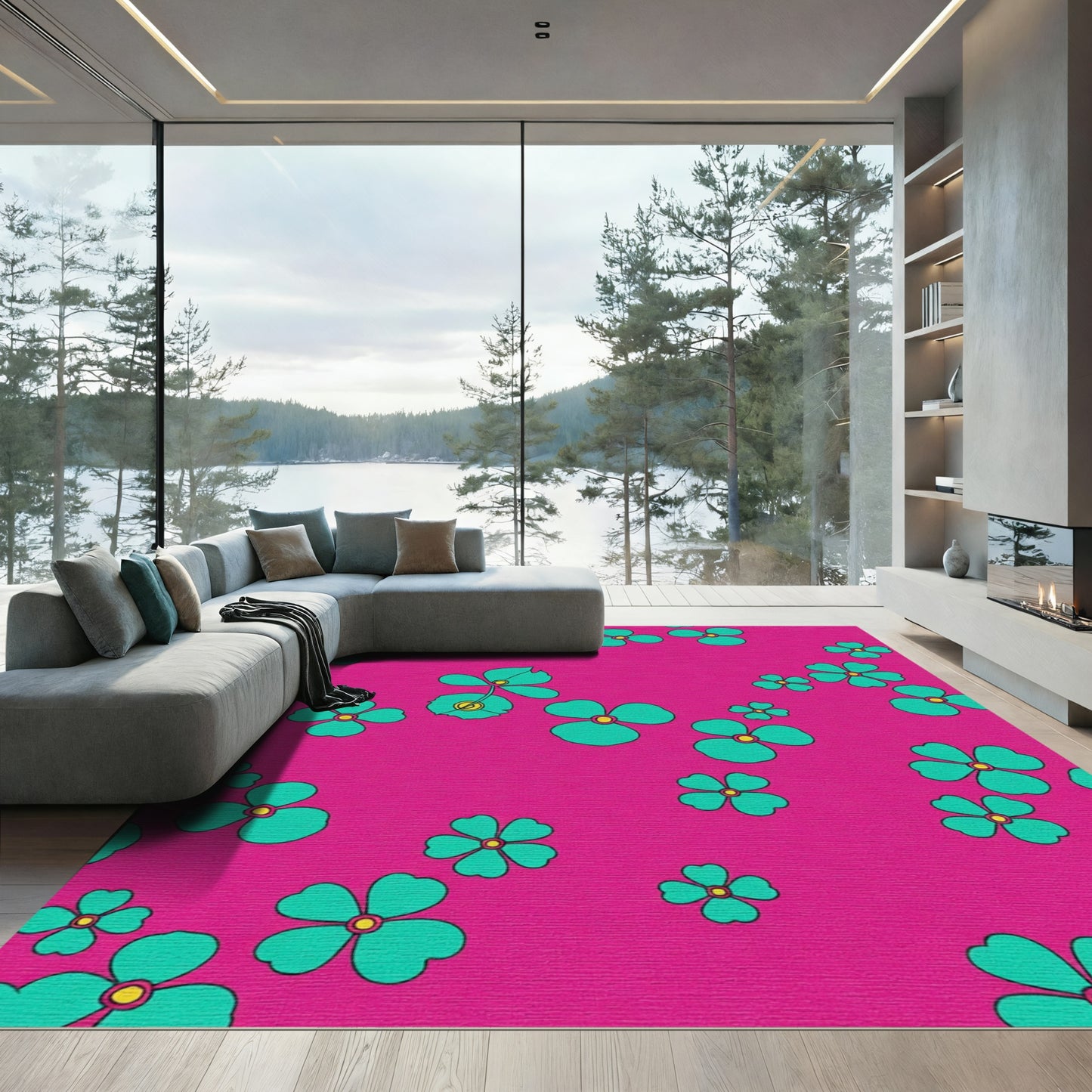 Vibrant Pink Teal Four Petal Flower Rug