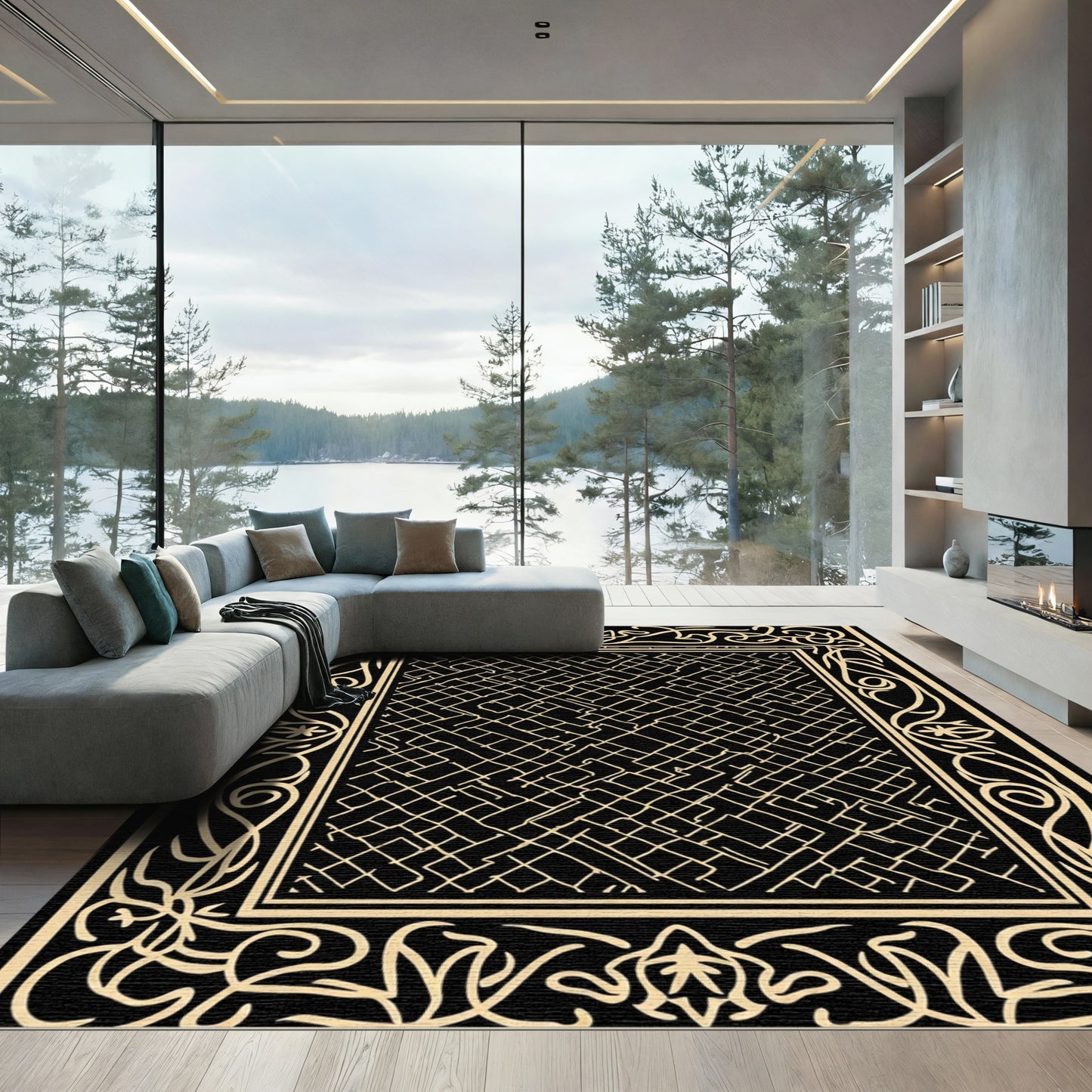 Black Cream Geometric Intertwined Border Rug