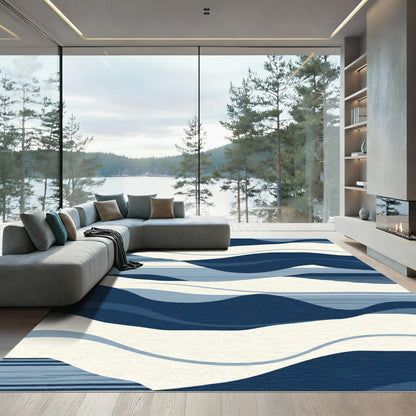 Deep Blue Abstract Wave Landscape Rug