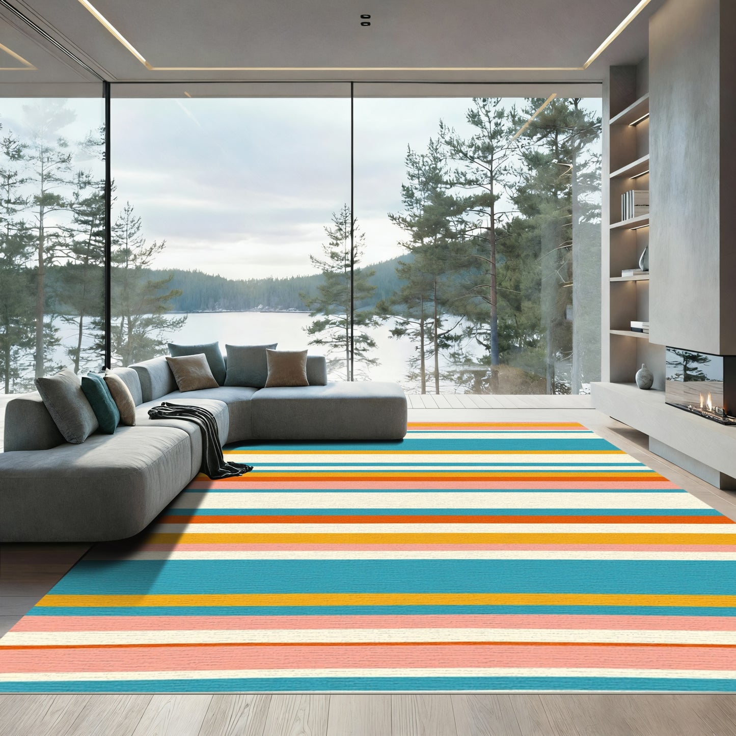 Retro Teal Orange Pink Striped Rug