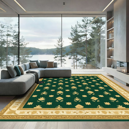 Deep Green Golden Floral Damask Rug