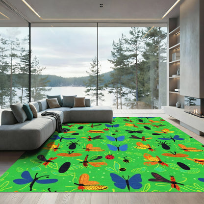 Green Garden Insect Butterfly Ladybug Motif Rug