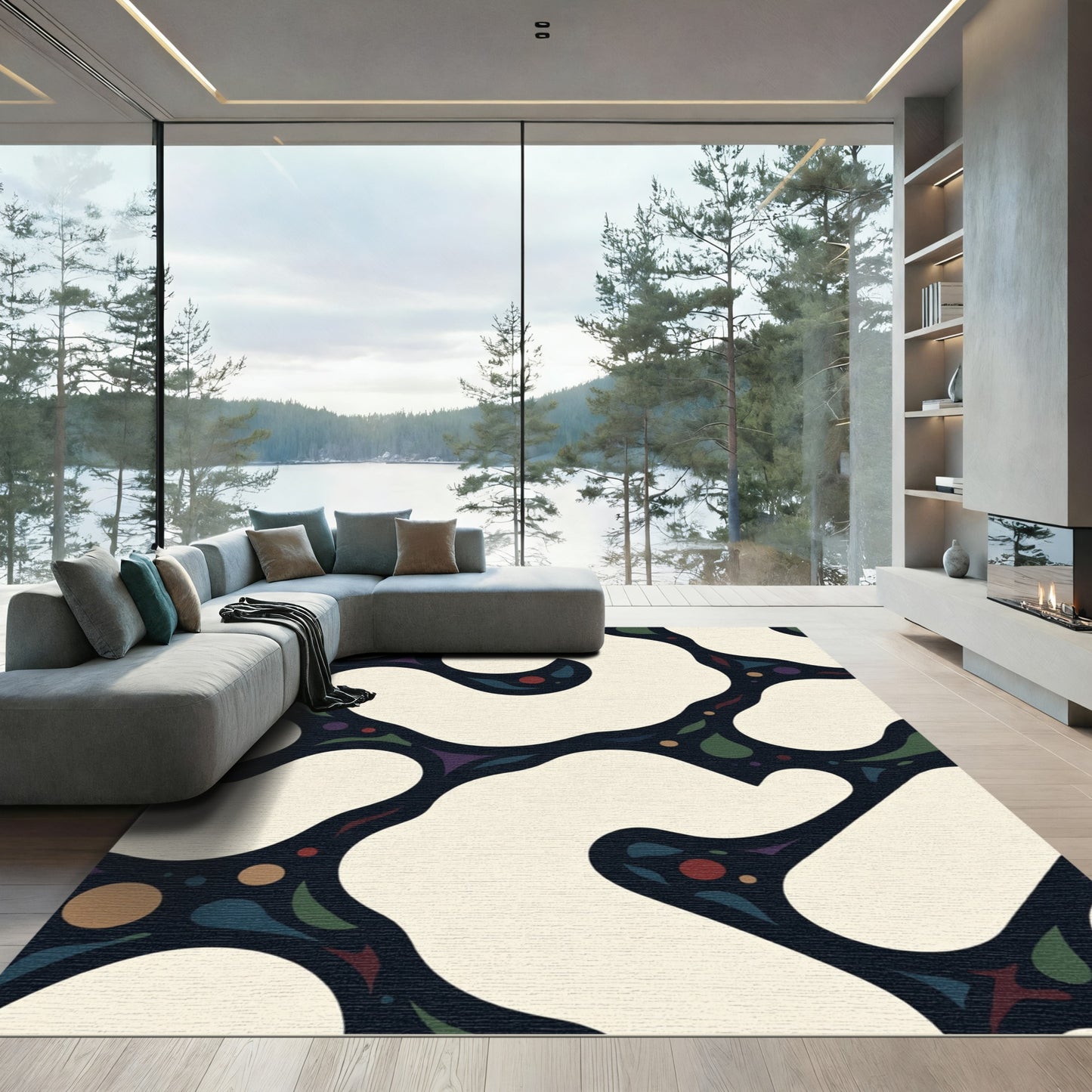 Abstract Cream Dark Organic Shapes Rug