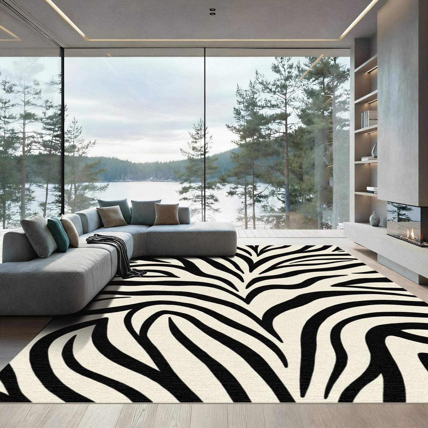 Bold Black White Stripe Animal Print Rug