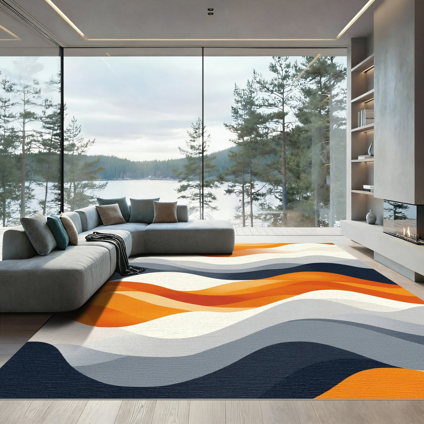 Modern Orange Blue Cream Wave Rug