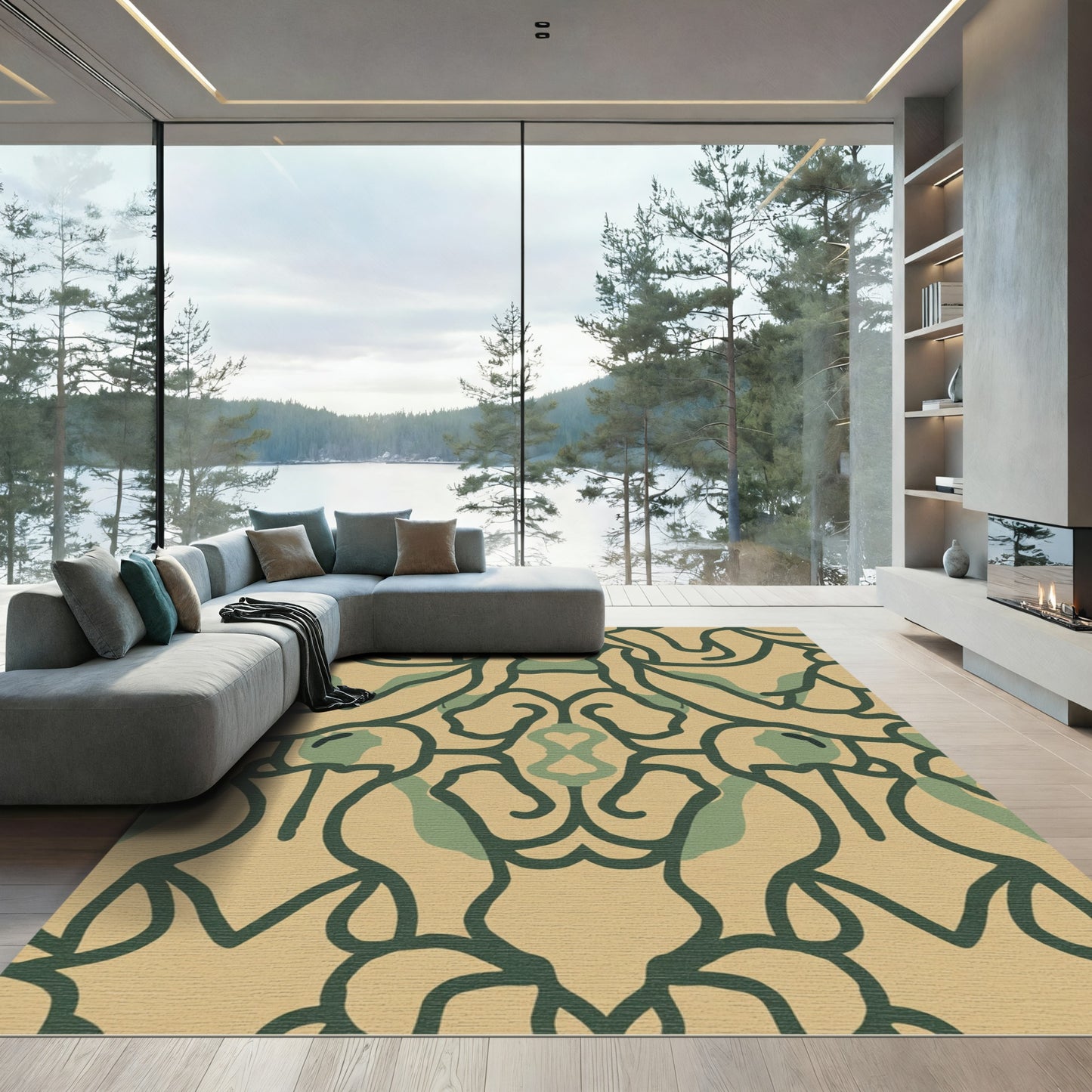 Dark Green Tan Abstract Splatter Floral Rug