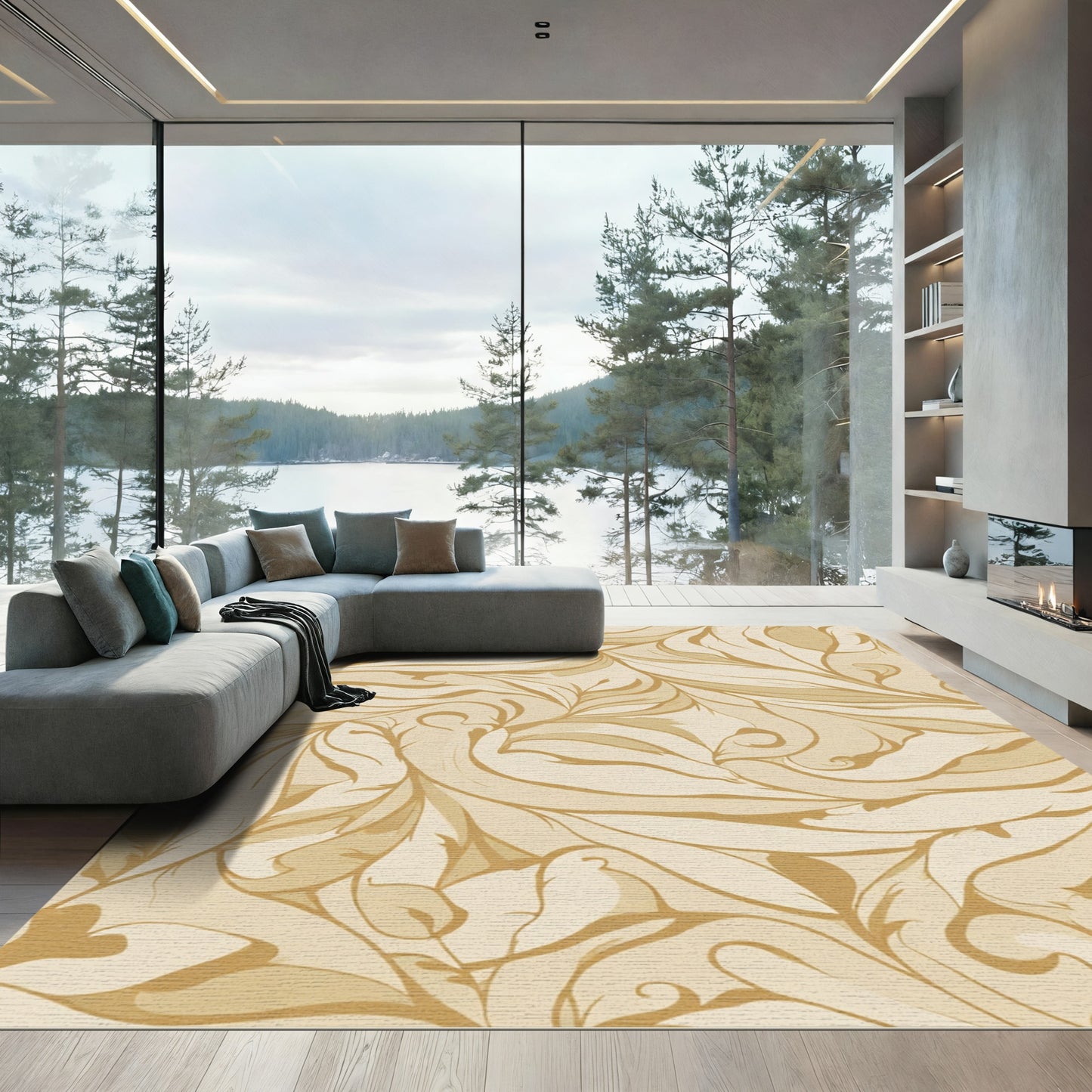 Light Gold Organic Swirl Foliage Rug