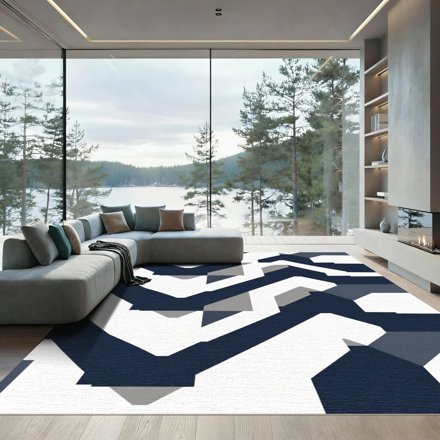 Modern Navy Slate Geometric Lines Rug