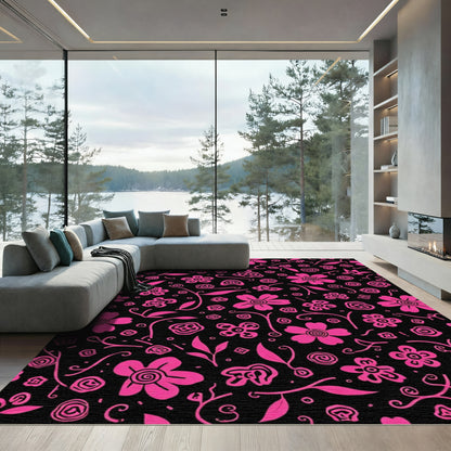 Hot Pink Floral Vines Black Background Rug