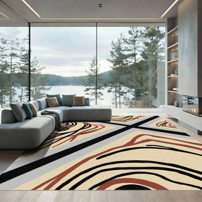 Abstract Swirls Black Terracotta Stripe Rug