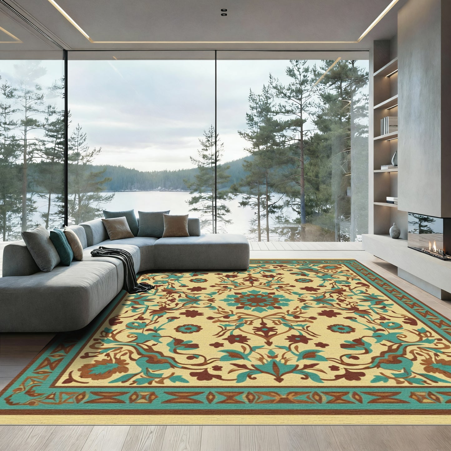 Golden Teal Brown Floral Medallion Rug