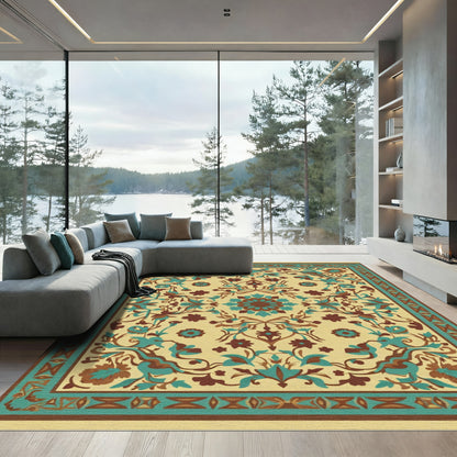 Golden Teal Brown Floral Medallion Rug