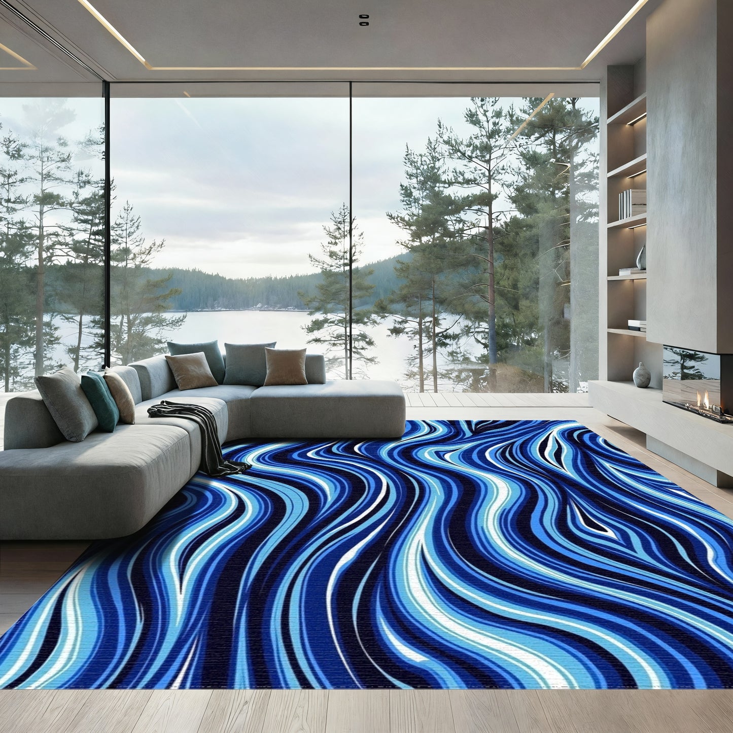 Navy Blue Wavy Swirl Rug