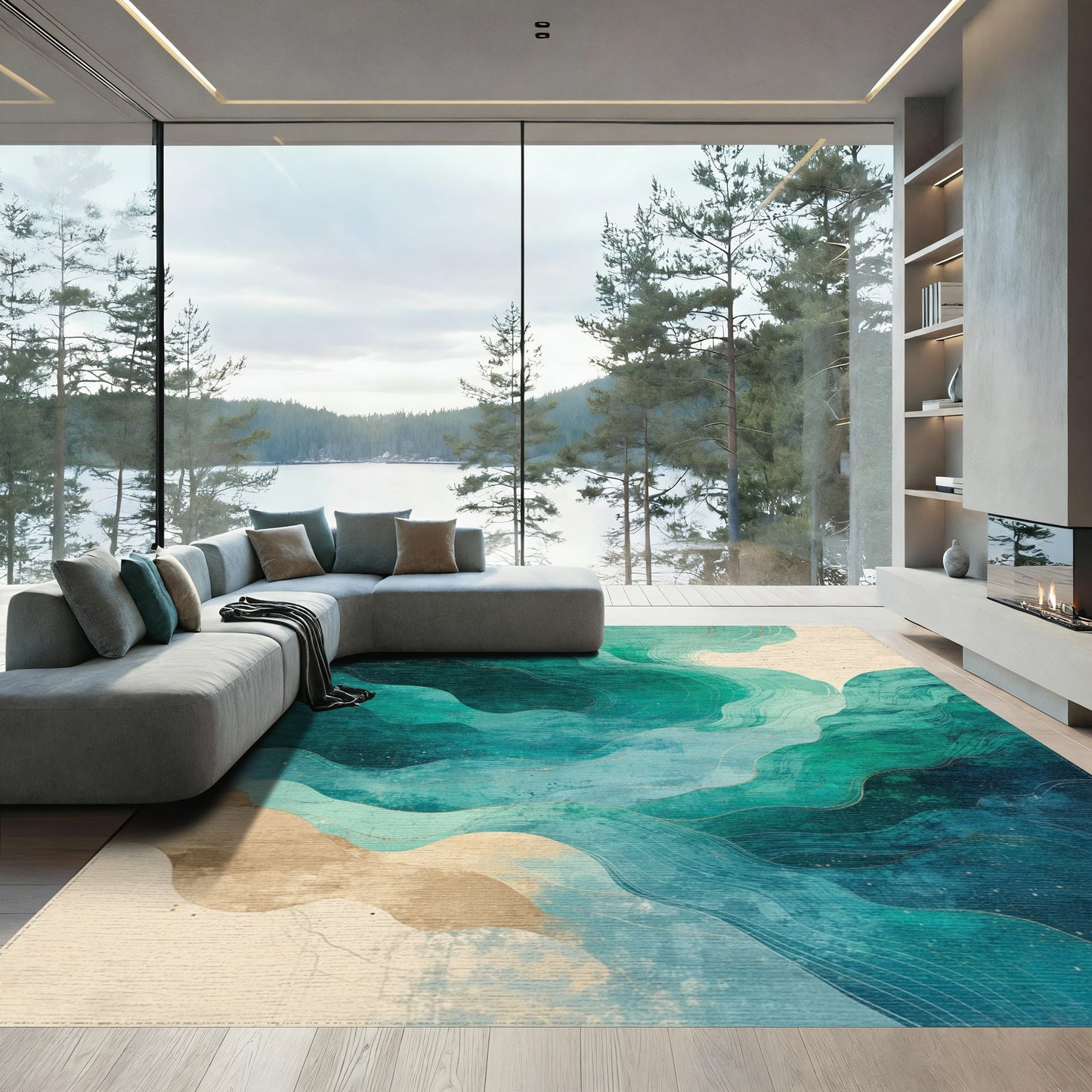 Teal Gold Fluid Wave Rug