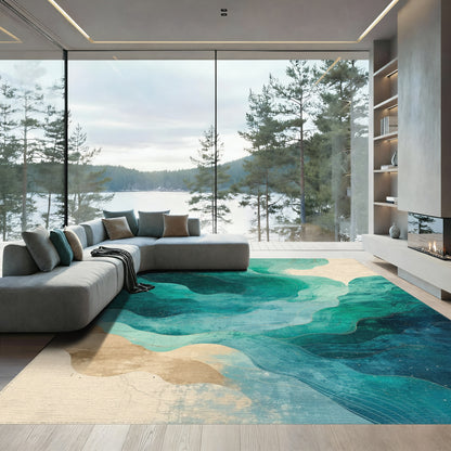 Teal Gold Fluid Wave Rug
