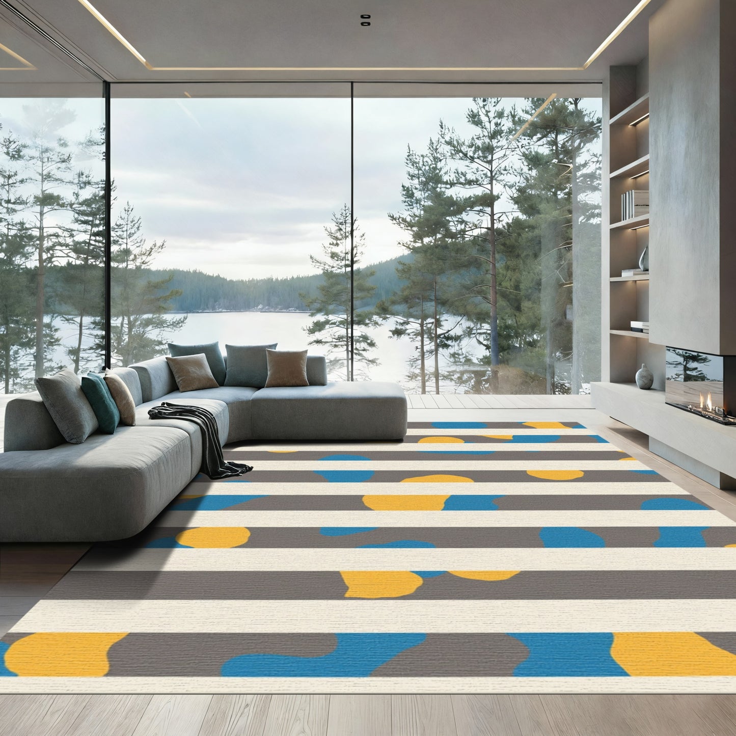 Abstract Yellow Blue Gray Striped Rug