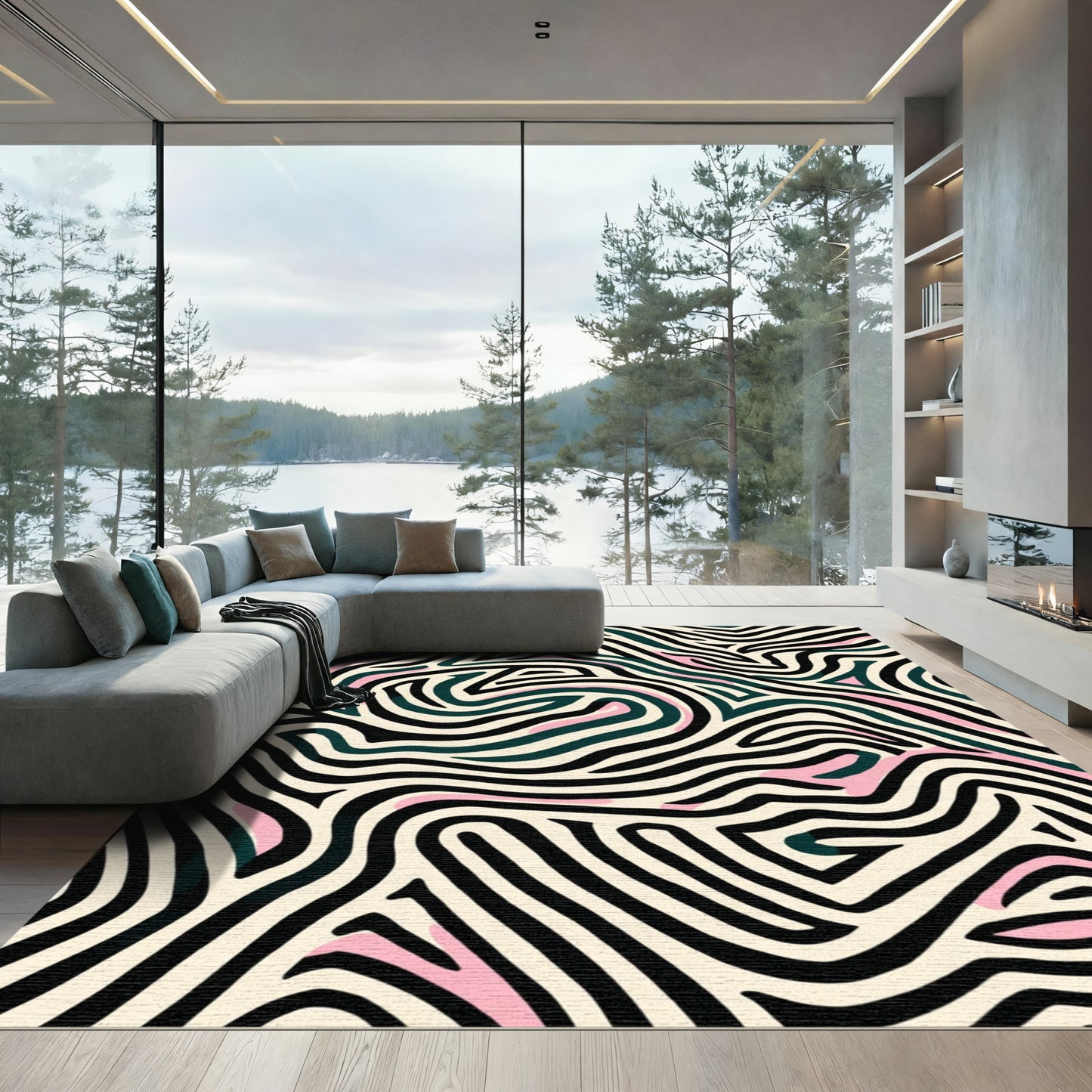 Bold Cream Black Pink Swirls Rug