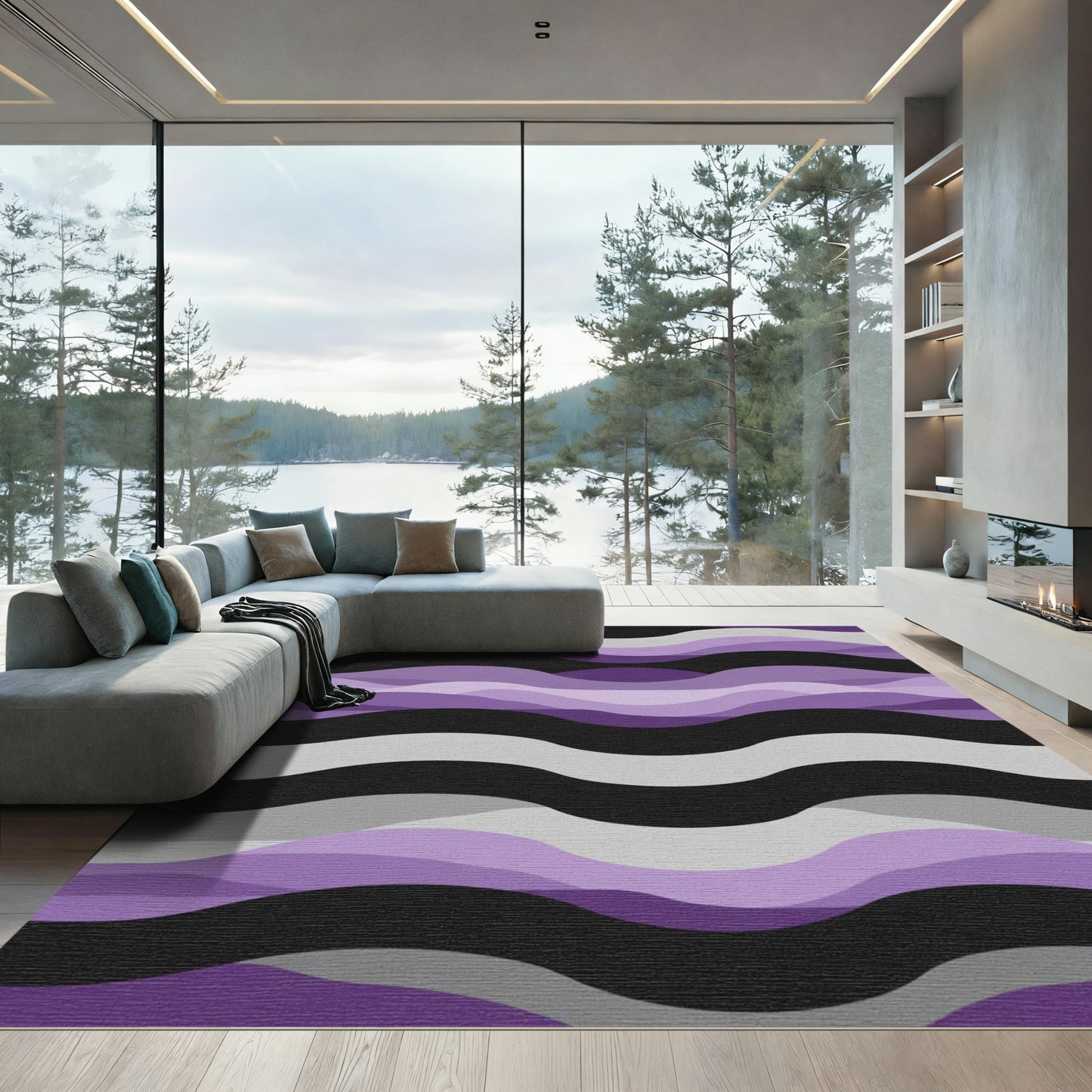Purple Gray Black Wavy Stripes Rug