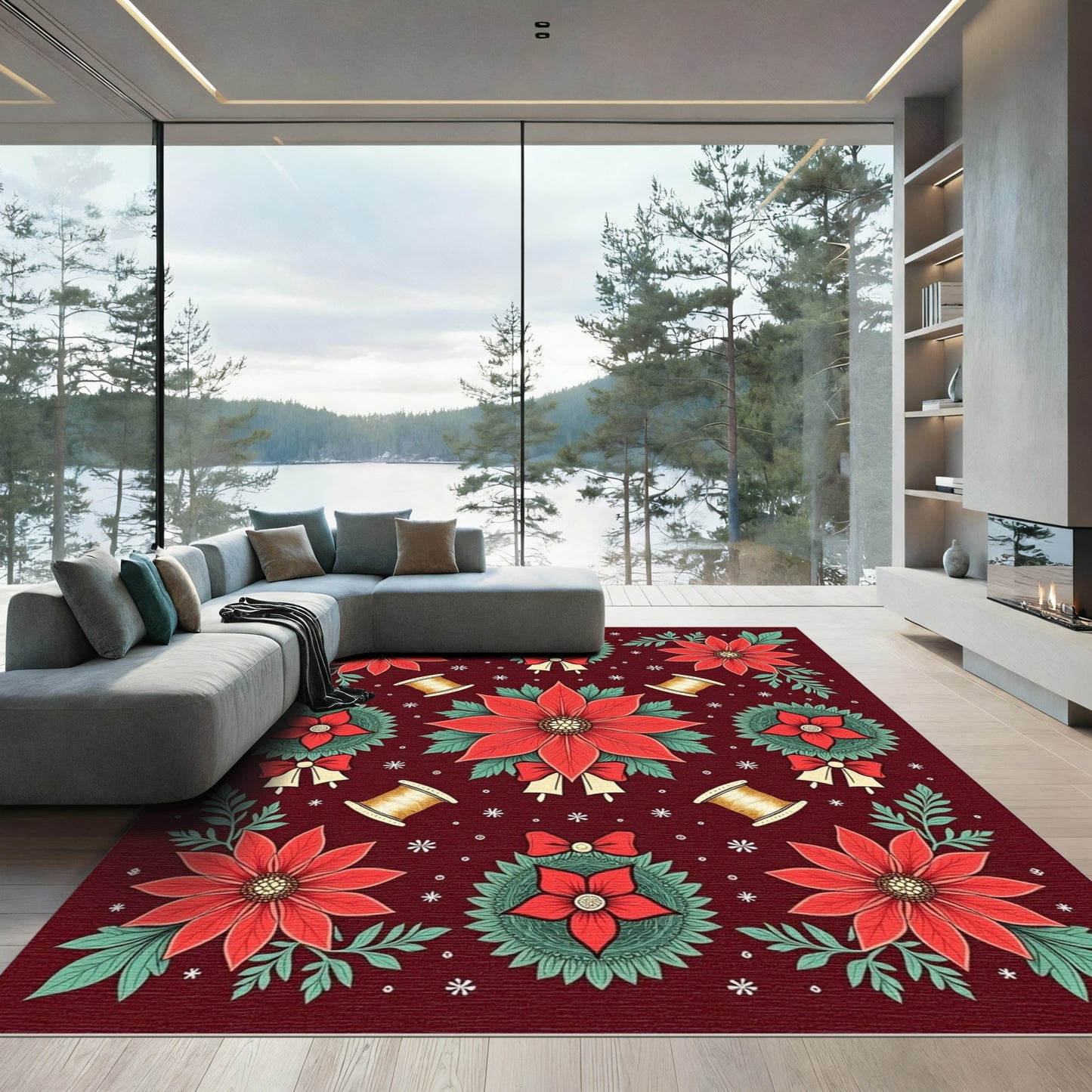 Crimson Poinsettia Bells Botanical Arrangement Rug