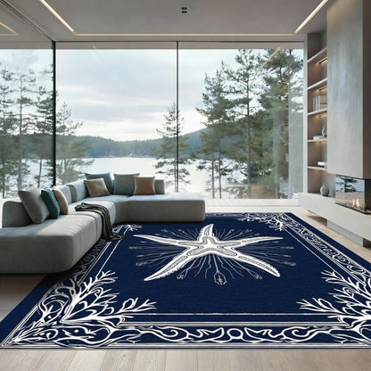 White Starfish Botanical Navy Border Rug