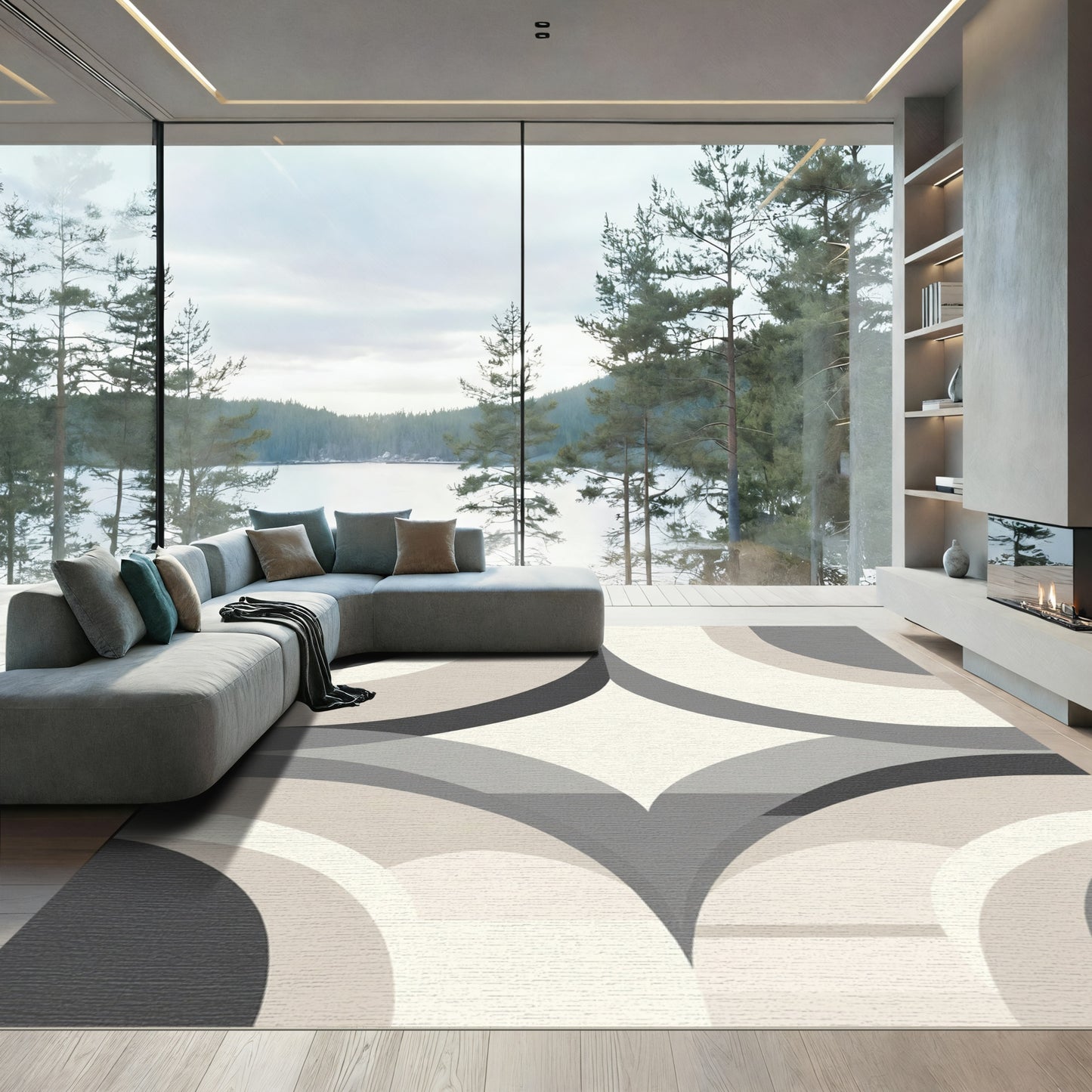 Neutral Gray Geometric Arch Overlay Rug