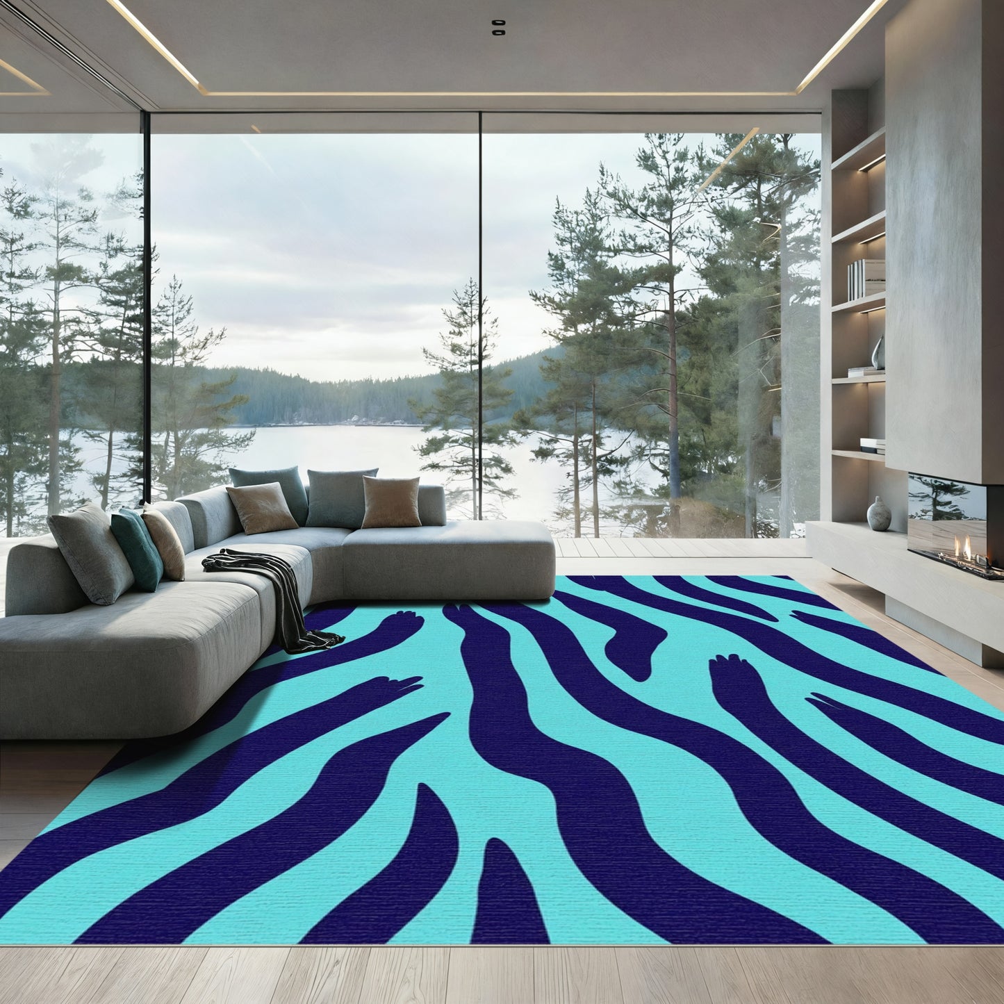 Aqua Dark Blue Wavy Stripes Rug