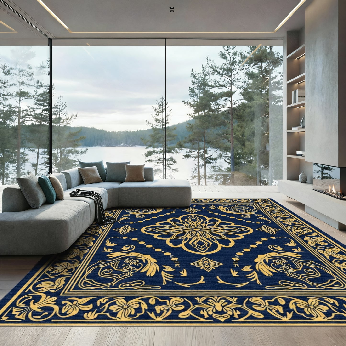 Golden Floral Medallion Blue Rug