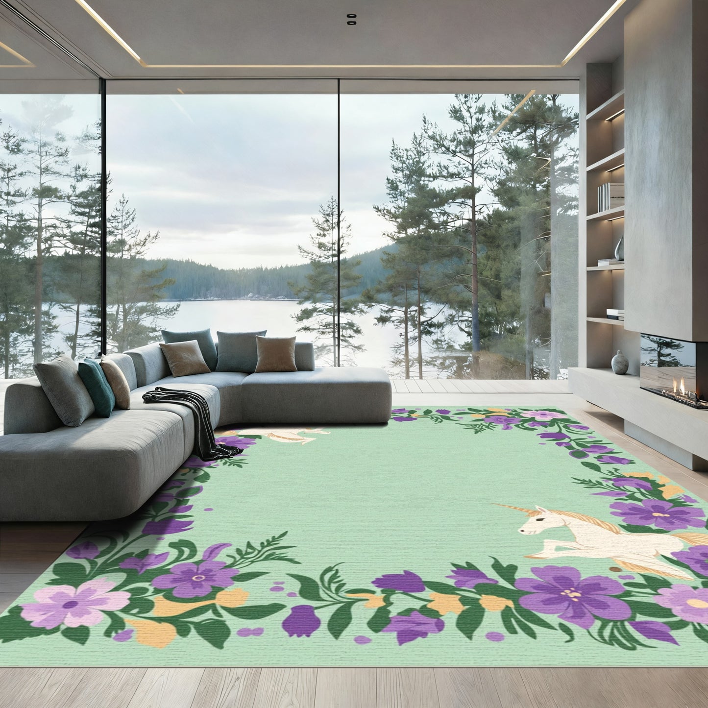Enchanted Unicorn Floral Border Rug