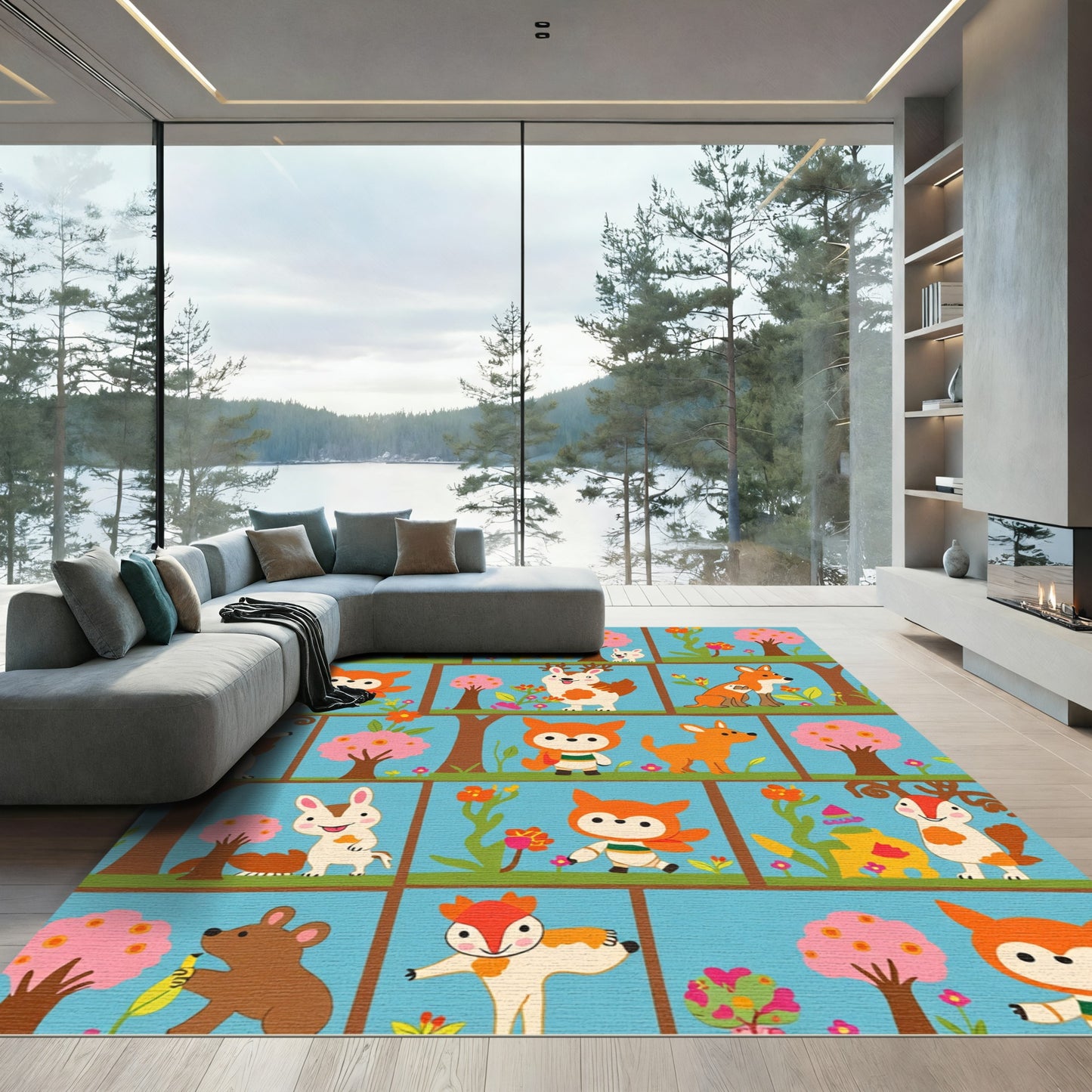 Whimsical Woodland Creatures Cartoon Collection Rug