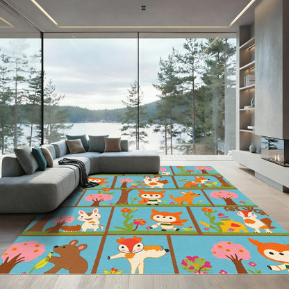 Whimsical Woodland Creatures Cartoon Collection Rug