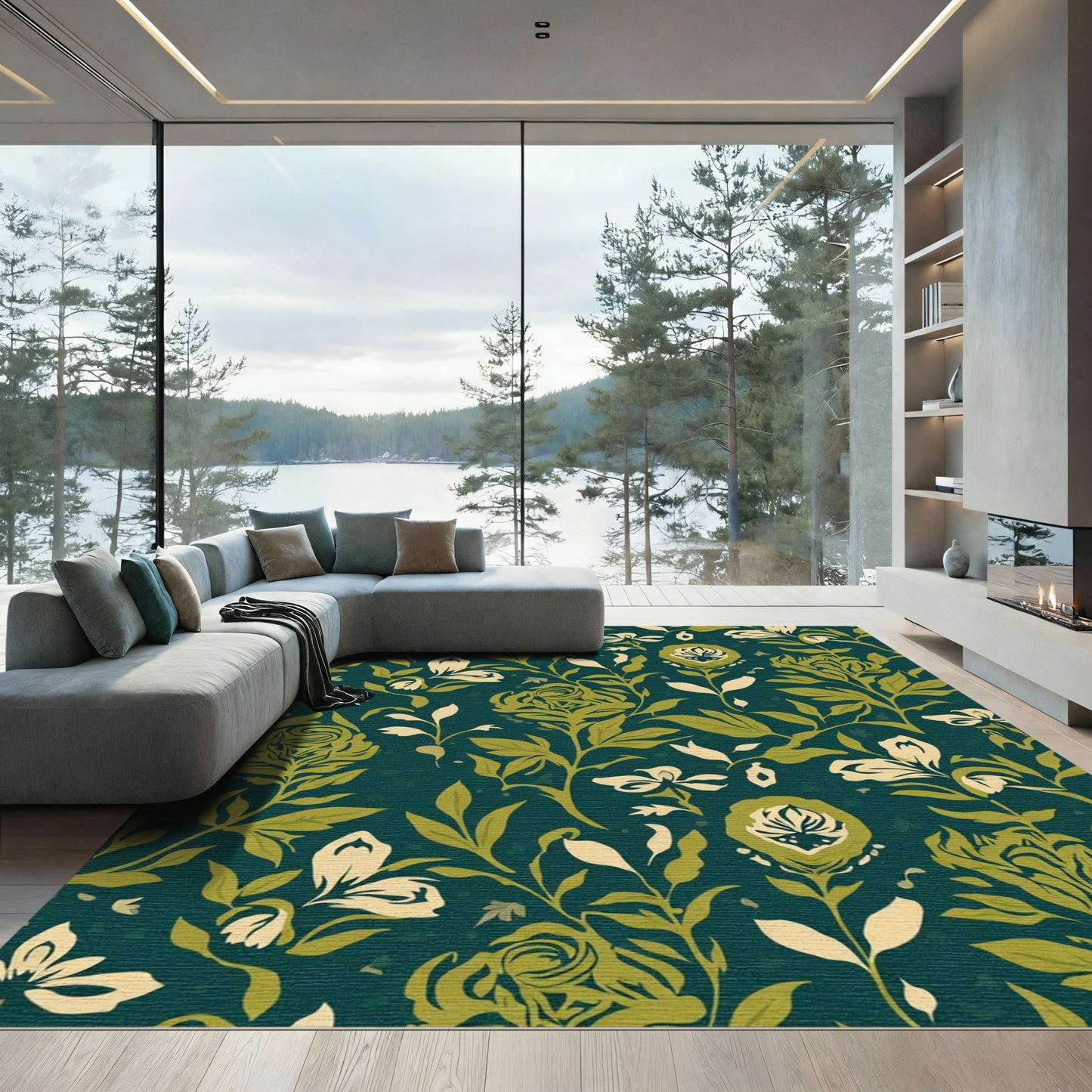 Deep Teal Verdant Floral Lattice Rug