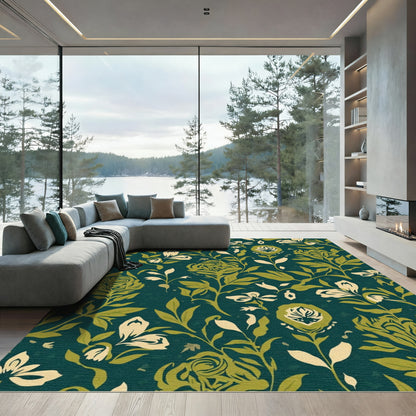 Deep Teal Verdant Floral Lattice Rug