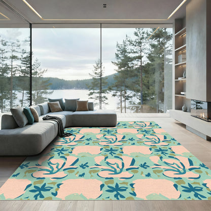 Coral Teal Abstract Floral Swirl Rug